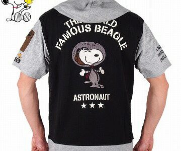 【SNOOPY スヌーピー PEANUTS ピーナッツ×LOW BLOW KNUCKLE ローブローナックル】半袖フルジップパーカー〔宇宙飛行士 刺繍 プリント 582400〕オートミール・黒・カーキ、M～XXL、アメカジ・バイカー、送料無料