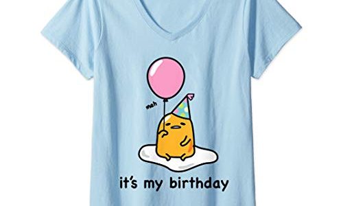 ぐでたま 私の誕生日です 半袖Tシャツ Vネック レディース 【Sサイズ】 ライトブルー ファッション トップス アメリカ