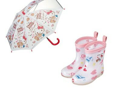 【取寄品】 [2種類セット] ハローキティ おやつタイム 子供用 雨具セット 35cm 雨傘・14cm レインブーツ 【 かさ カサ レイングッズ レジャー用品 キャンプ用品 アウトドア用品 】