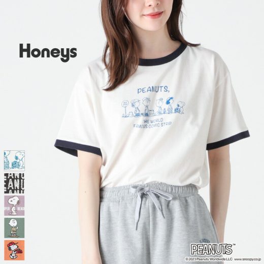 トップス Tシャツ カットソー 半袖 刺繍 イラスト プリント 綿混 カジュアル レディース 夏 Honeys ハニーズ スヌーピー／Tシャツ