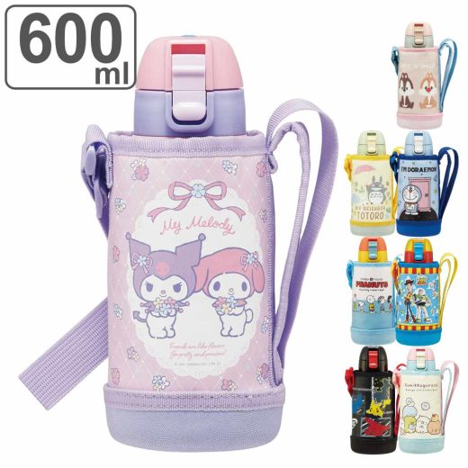 【先着】最大400円クーポン有！ 水筒 600ml カバー付 直飲み キャラクター （ チップ デール トトロ ドラえもん マイメロ クロミ スヌーピー トイストーリー ポケモン すみっコぐらし ステンレス 保冷専用 ワンタッチ ステンレスボトル 子供 ワンプッシュ ）