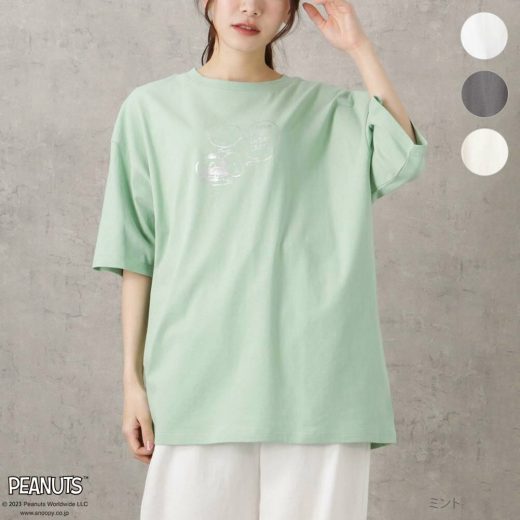 [特別価格★10/27 09:59まで]ピーナッツ スヌーピー PEANUTS SNOOPY 半袖Tシャツ 5分袖 レディース 綿100% コットン 天竺 トップス プリント ロゴ キャラクター ビッグシルエット ゆったり クルーネック カットソー