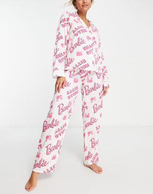 エイソス ASOS DESIGN Barbie x Hello Kitty modal shirt & trouser pyjama set in white & pink レディース