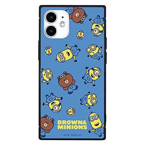 グルマンディーズ BROWN＆MINIONS iPhone12 mini(5.4インチ)対応 スクエアガラスケース 総柄 MINI-277C ブルー