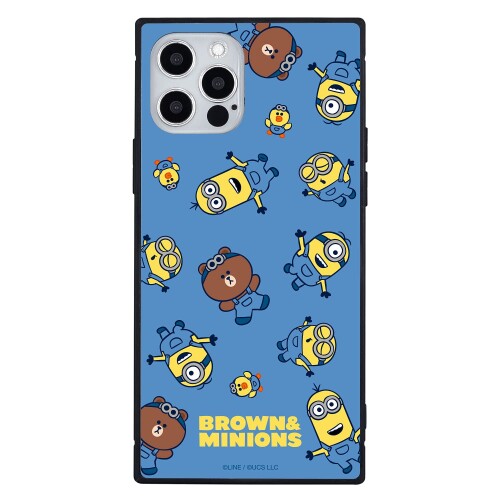 グルマンディーズ BROWN&MINIONS iPhone12/12 Pro(6.1インチ)対応 スクエアガラスケース 総柄 MINI-278C ブルー