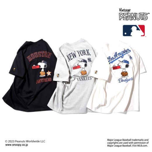 HOUSTON / ヒューストン 22107 PEANUTS × MLB EMB TEE(SNOOPY) / 刺繍半袖Tシャツ (スヌーピー)-全3色- メンズ レディース メジャーリーグ ピーナッツ アストロズ ドジャース ヤンキース 野球 ベースボール コラボ 大きいサイズ[22107]