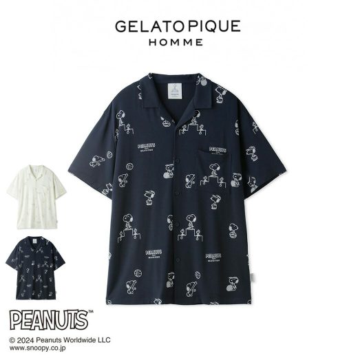 SALE10%OFF GELATO PIQUE HOMME ジェラートピケ オム 接触冷感 PEANUTS 総柄プリントシャツ pmct242230 メンズ トップス 部屋着 ルームウェア 夏 パジャマ スヌーピー コラボ 父の日 セレクトショップムー