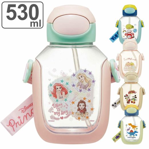 水筒 530ml ワンプッシュ ストロー 子供 キャラクター （ プリンセス ミッキー＆フレンズ ディノサウルス すみっコぐらし まいぜんシスターズ ワンタッチ 透明 クリア シリコン 軽量 直飲み こども キッズ ストロー付き ボトル ）