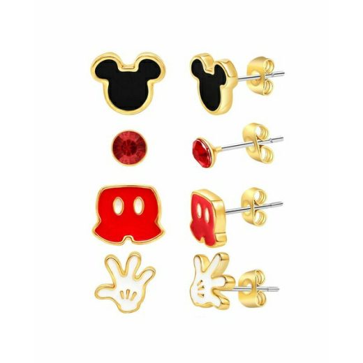 ディズニー メンズ ピアス・イヤリング アクセサリー Mickey Mouse Fashion Stud Earring - Classic Mickey, Black/Red/Gold - 4 pairs Black, red, white