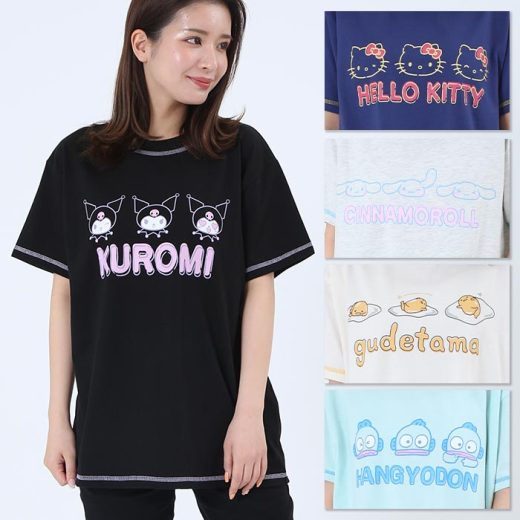 サンリオ Tシャツ ハローキティ シナモロール クロミ ぐでたま ハンギョドン M ～ L プリント カジュアル 配色ステッチ トップス カットソー ネイビー オートミール ブラック アイボリー グリーン 紺 黒 白 天竺 キャラクター キティちゃん シナモン 可愛い sz-ja02485