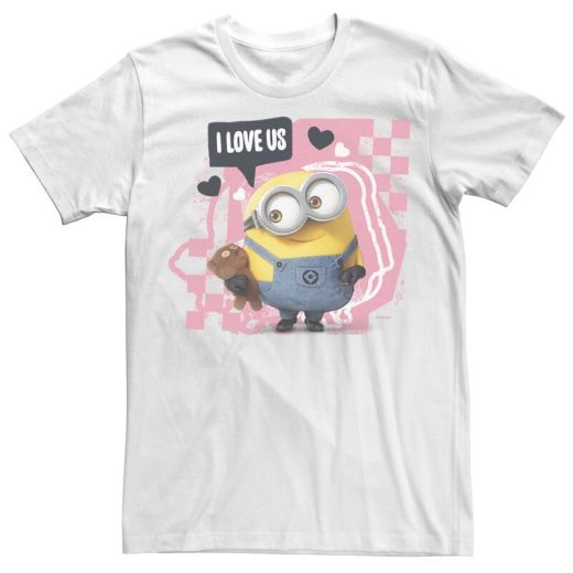 【送料無料】 ライセンス キャラクター メンズ Tシャツ トップス Men's Minions I Love Us Pink Checkered Portrait Tee White