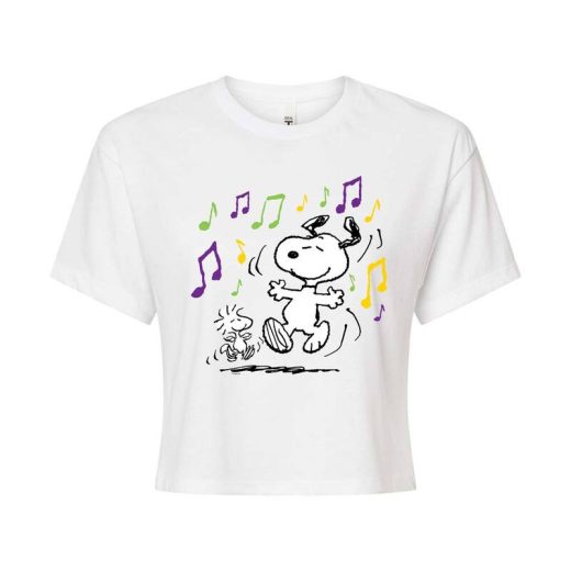 【送料無料】 ライセンス キャラクター レディース Tシャツ トップス Juniors' Peanuts Snoopy & Woodstock Mardi Gras Dancing Cropped Tee White