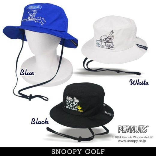 【NEW】SNOOPY GOLF スヌーピーゴルフRELAX TO GET A GOOD SCORE!!スヌーピー & Woodstock バケットハットあご紐付き PEANUTS 642-4987105/24B