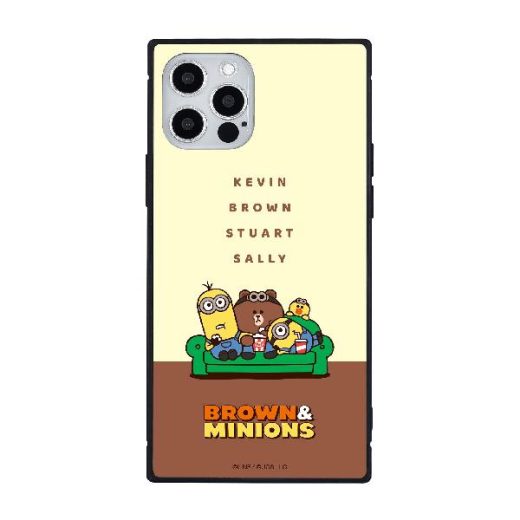 グルマンディーズ BROWN&MINIONS iPhone12/12 Pro(6.1インチ)対応 スクエアガラスケース ソファ MINI-278B ベージュ