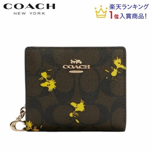 【SALE 新作 COACH】即発送可能 コーチ 財布 二つ折り ミニ財布 コーチ ピーナッツ コラボ スヌーピー COACH ファクトリー 新作 COACH X PEANUTS スナップ ウォレット シグネチャー キャンバス ウッドストック プリント ブラウン ブラック マルチ