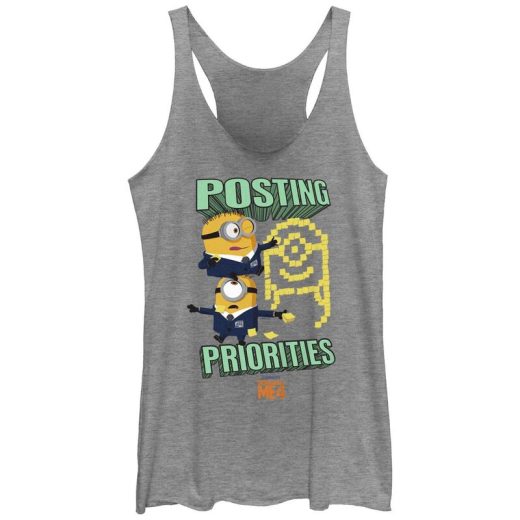 【送料無料】 ライセンス キャラクター レディース Tシャツ トップス Juniors' Despicable Me 4 Minions Posting Priorities Racerback Tank Top Gray Heather