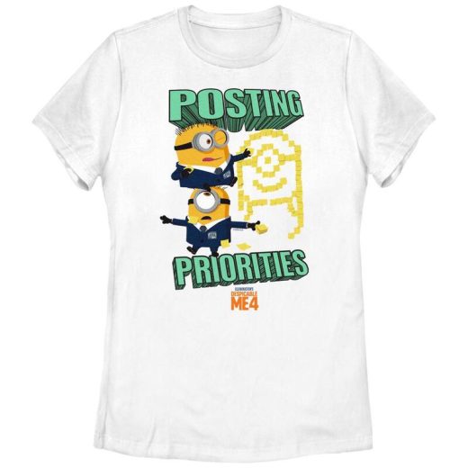 【送料無料】 ライセンス キャラクター レディース Tシャツ トップス Juniors' Despicable Me 4 Minions Posting Priorities Graphic Tee White