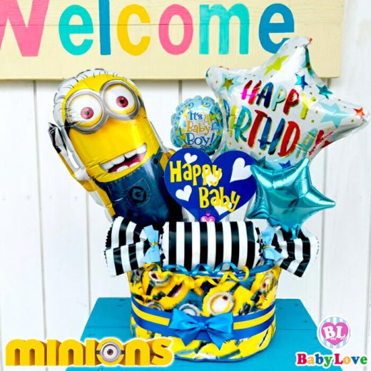 【4日(水)着可能！(不可地域あり)】おむつケーキ 男の子 出産祝い ミニオン オムツケーキ minions ベビーシャワーケーキ インスタ映え バルーンケーキ 御祝バルーン ベビーギフト 誕生日 プレゼント ベビーラブ 【あす楽】