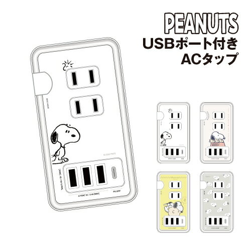 【スーパーSALEポイント10倍】送料無料 ピーナッツ USB/USB Type-C 付き ACタップ SNG-783 /スヌーピー ドッグディッシュ チャーリー・ブラウン 総柄