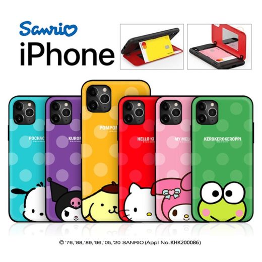 Sanrio キャラクター iPhone15 Pro Max iPhoneケース iPhone15 iPhone14 iPhone13 2重構造 カード収納 ミラー付き ドット 水玉模様 ミニ シンプル 可愛い 便利 ストラップ 癒し カフェ グッズ ミニ プチ Sanrio サンリオ くじ アニメ イラスト ハローキティ けろっぴ