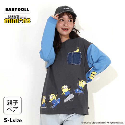 12/19 20時〜 【20％OFF ウィンターSALE】 親子お揃い ミニオン デニムポケット ロンT 9791A ベビードール BABYDOLL 大人 ユニセックス 男女兼用 レディース メンズ ミニオンズ minions コラボ セール