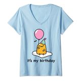 ぐでたま 私の誕生日です 半袖Tシャツ Vネック レディース 【Sサイズ】 ライトブルー ファッション トップス アメリカ