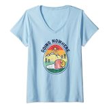 ぐでたま どこにも行かない 半袖Tシャツ Vネック レディース 【Sサイズ】 ライトブルー ファッション トップス アメリカ