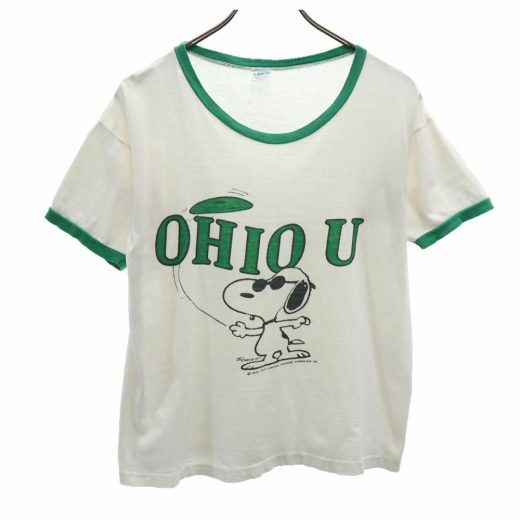 チャンピオン 70s USA製 バータグ スヌーピー カレッジ リンガー 半袖 Tシャツ M 白系 Champion メンズ 【中古】 【PD】